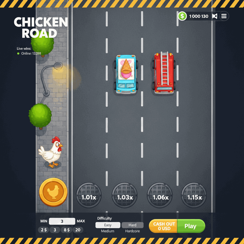 Chicken Road Crash-Spiel – eine mutige Henne überquert eine mehrspurige Straße mit Autos, während die Multiplikatoren steigen. Spielbildschirm zeigt urbane Umgebung mit Ampeln, Bäumen und Straßenmarkierungen von InOut Games
