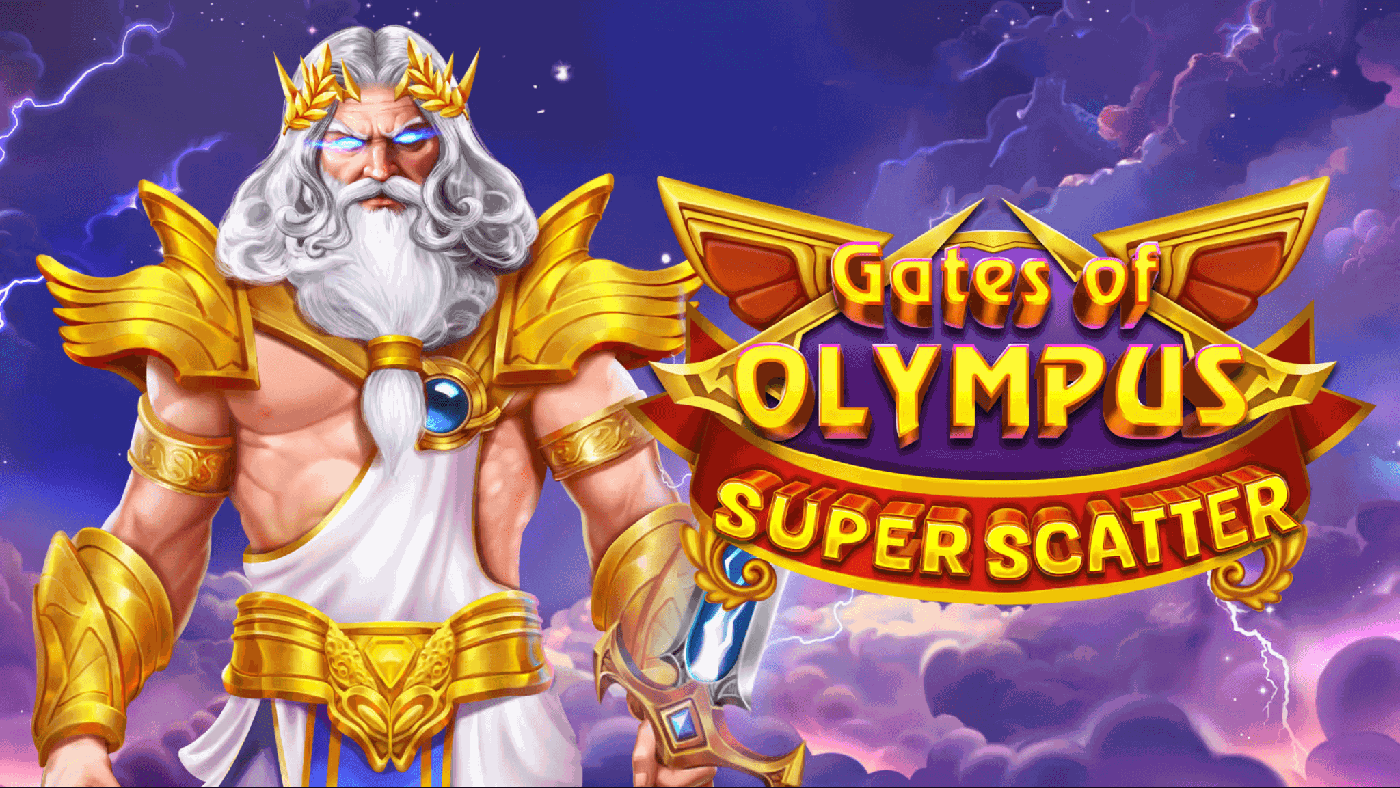 Gates of Olympus Super Scatter: Zeus mit goldener Rüstung über Wolken des Olymp, daneben das goldgerahmte 6x5-Walzenfeld mit grünem Globus, violettem Kristalldreieck, rotem Kugel-Symbol mit Krone und Scatter-Symbol